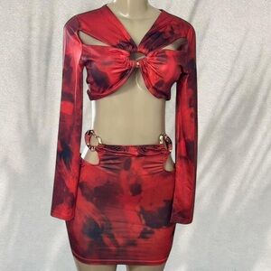 ❤️‍🔥 Red Tie-Dye Cut-Out Two-Piece Set | Long Sleeve Crop Top & Mini Skirt ❤️‍🔥